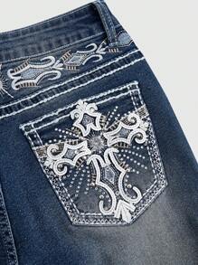 ROMWE Grunge Punk Jeans acampanados slim de mujer con bordado de alas de cruz en estilo vintage Y2K con bolsillo sexy. Jeans azul marino de cintura baja con botones, bolsillos y cremallera para uso casual diario en primavera/otoño