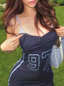 INAWLY 數字印花聚集胸部修身連身裙 - 藏蓝色 - 查看 3