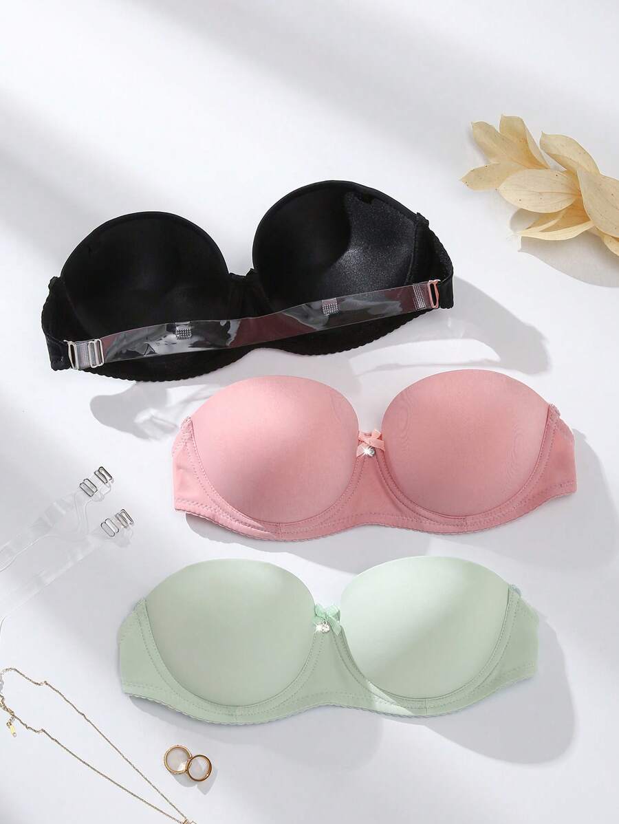 Romantic & Sexy Strapless Smooth Underwire Bra, 3pcs/Set With Invisible Shoulder Straps For Various Wear (Gift) - Multicolor - View 1