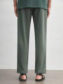 AKNOTIC Business Casual Men's Knitted Elastic Waist Drawstring Mid-Rise Loose Fit Straight Leg Casual Pants, Long-Length, Suitable For Spring And Summer Daily Wear - Dark Green - View 8