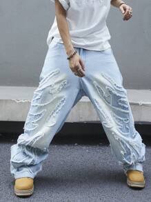 Manfinity ZONE917 男士宽松休闲牛仔裤，带原始下摆和贴袋，纯色长款水洗宽松浅蓝色工装牛仔裤，适合丈夫、男朋友的礼物 - 淺色水洗藍 - 查看 8