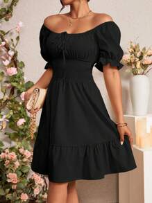 Rafferiza 夏季簡約泡泡袖系帶收腰亞麻連衣裙