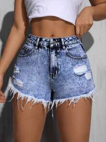 SHEIN Tall Quần Short Denim thường ngày Snow Wash (viền sờn) có túi dành cho nữ - Màu xanh lam - Xem 3