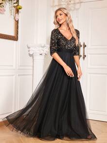 Đầm dạ hội XUIBOL dáng chữ A tay dài cổ chữ V sang trọng, phối sequin tương phản, viền lưới, thích hợp cho các buổi tiệc thanh lịch, tiệc cocktail tay dài, đầm dự tiệc cưới màu đen trang trọng, phù hợp cho lễ tốt nghiệp, tiệc gala và các dịp khác. - màu đen - Xem 3