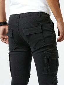 Men's Fashionable Multi-Pocket Stretchy Slim Fit Casual Jeans - Black - View 6