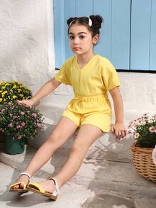 SHEIN Casual V Neck Batwing Sleeve Short Sleeve Yellow Young Girl Romper - Yellow - View 6