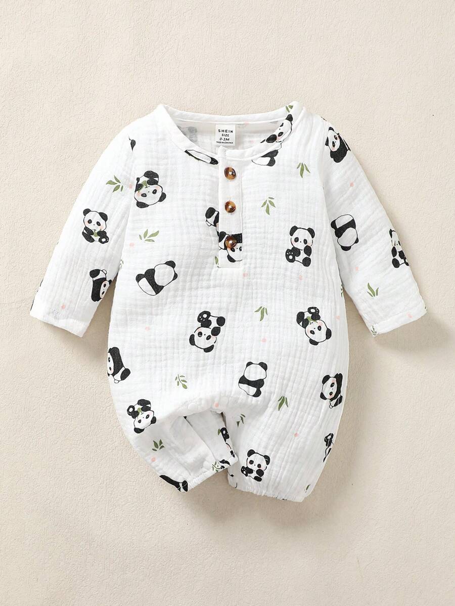Newborn Baby Boy Cartoon Panda Print Romper - White - View 1