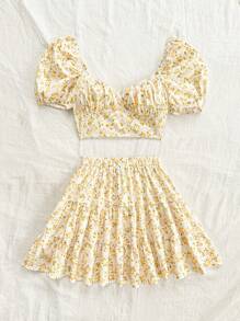 Soleia 女士度假复古黄色和白色碎花泡泡袖甜心领上衣和迷你裙两件套休闲套装，夏季 - 彩色 - 查看 6