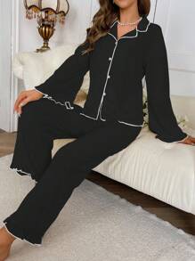 撞色滚边荷叶边睡衣套装，秋冬服装 - 黑色 - 查看 4