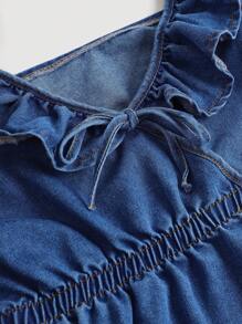 SHEIN Juniors' Casual Holiday Denim Top With Ruffle Trim