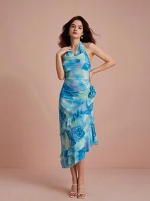 GENKIRA Vestido de verano con estampado aleatorio, cuello drapeado con 3D flores, volantes y bajo asimétrico - Azul - Ver 2