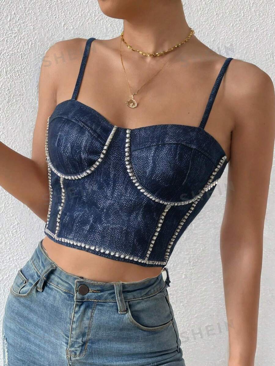 SHEIN Essnce Top corto ajustado para mujer con bustier y decoración de diamantes de imitación en color azul claro para verano, ocasiones casuales y de fiesta estilo vaquero
