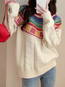 獨特減齡彩色幾何圖案圓領套頭衫