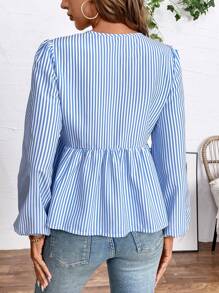 Chiquease Round Neck Striped Print Ruffle Hem Casual Long Sleeve Shirt - Blue - View 2