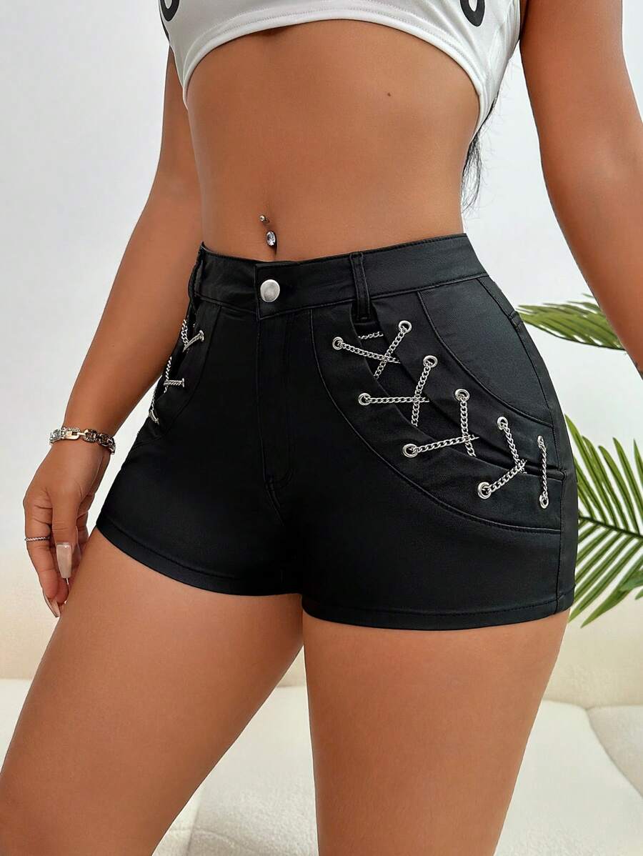 SHEIN SXY 女性夏季時尚鍊帶交叉細身短褲 - 黑色 - 查看 1