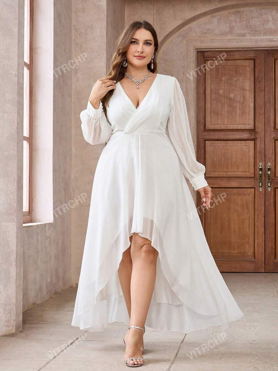 Vestido casual de manga comprida, decote V profundo, cor sólida, barra assimétrica, Plus Size