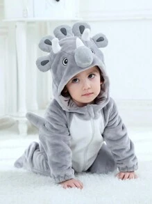 SHEIN 可爱拼色灰色和白色连帽连脚连体衣，带有 3D 龙图案，适合男婴，温暖柔软的秋冬季连体衣