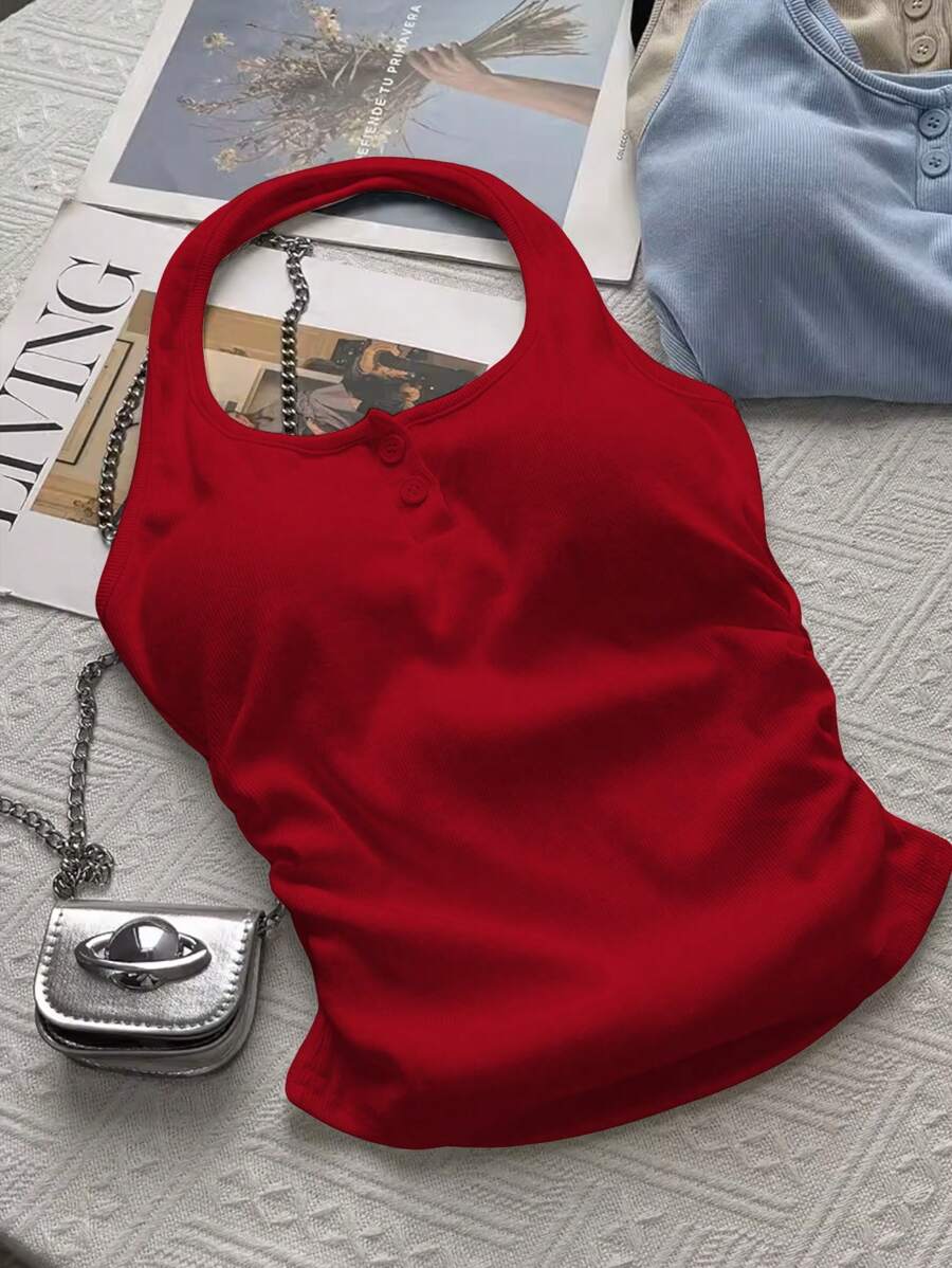 SHEIN EZwear Damski biustonosz z marszczonymi taliami i dekoltem typu halter, bezpłatny usztywniany podkoszulek, pasujący na wiosnę i lato