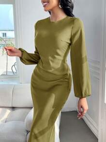Modelyn Ladies' Solid Color Lantern Sleeve Casual Long Sleeve Dress - Olive Green - View 7