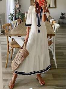 SHEIN LUNE Mùa hè dành cho nữ sọc tua rua cổ chữ V Raglan tay áo dài tay xù xù viền dài - trắng - Xem 1