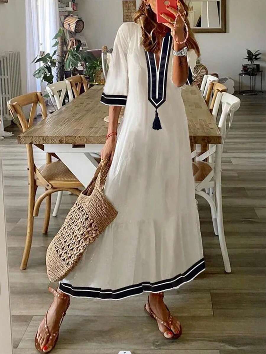SHEIN LUNE Mùa hè dành cho nữ sọc tua rua cổ chữ V Raglan tay áo dài tay xù xù viền dài - trắng - Xem 1