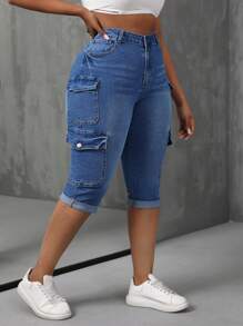 SHEIN SXY Pantalones capri de mezclilla con estiramiento de talla grande, versátiles
