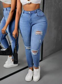 Plus High Waist Ripped Skinny Jeans - Medium Wash - View 3