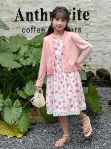 SHEIN Tween Girls  Floral Print Cami Dress & Solid Button Front Trench Coat - Pink - View 1