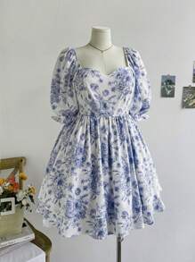 Soleia WYWH假日田園浪漫藍白花束情人領泡泡袖雙層荷葉邊大尺碼連衣裙 - 藍白色 - 查看 6