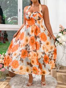 SHEIN LUNE Vestido Plus Size Feminino Boho Estampado Aleatório Alças Espaguete, Para o Verão - Laranja - Ver 7