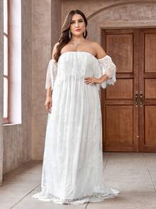 Plus Size White Contrast Lace Tube Bridal Gown, Off Shoulder Wedding Dress - White - View 4