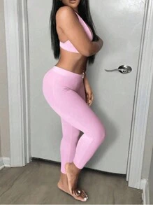 SHEIN 女士纯色简约两件套 - 淺粉色 - 查看 2