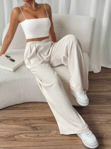 SHEIN Frenchy 女士纯色不对称高腰阔腿宽松休闲裤亚麻裤老款服装秋季女装返校服装教师服装7月4日服装裤子通勤简约办公室老款简约 - 杏色 - 查看 4