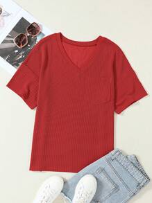 CILKOO Áo thun nữ tay ngắn cổ chữ V dáng rộng, chất liệu xoắn nhẹ, thích hợp mặc mùa xuân/hè. - Gỗ đỏ - Xem 7