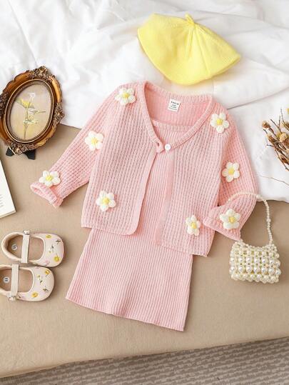 Bộ váy không tay dễ thương với trang trí hoa 3D và áo khoác ngoài cho bé gái, đầu thu