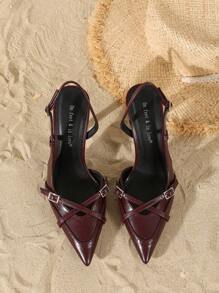 On feet& in love 2025秋冬女装时尚优雅交叉绑带尖头V形开口搭扣高跟鞋，适合搭配礼服出席婚礼等场合，优雅女士高跟鞋，高贵典雅 - 酒紅色 - 查看 6