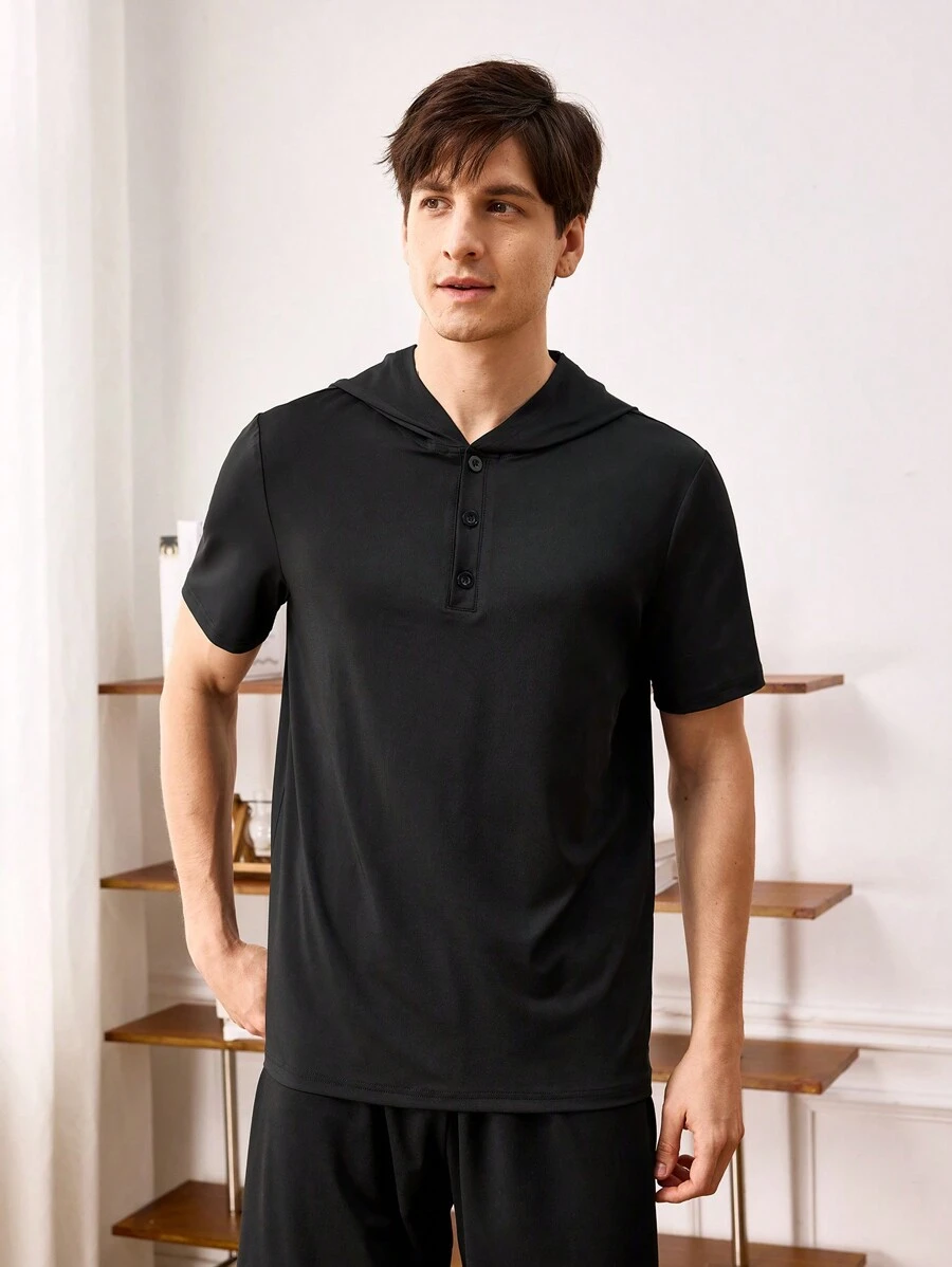 Men's Summer Solid Color Short Sleeve Hooded Homewear Top - Black - View 1