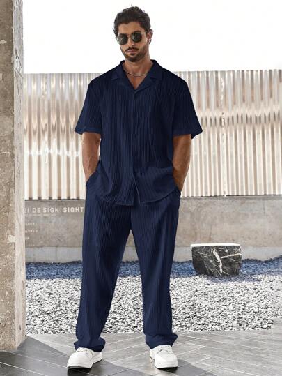Manfinity Homme 男士加大码纯色撞色领短袖衬衫和裤子休闲装，舒适装