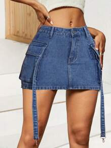 Women's Denim Skirt With Belt Buckle And Flap Pockets, Unique Design - Blue - View 3