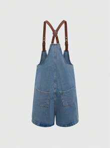 ROMWE Fairycore Country Style Daisy Printed Women's Denim Overalls And Jumpsuit, School - Light Wash - View 4