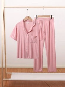 Ensemble de vêtements de nuit en jersey éponge ignifuge pour jeune fille, chemise à manches courtes et pantalon - Rose bonbon - Voir 1