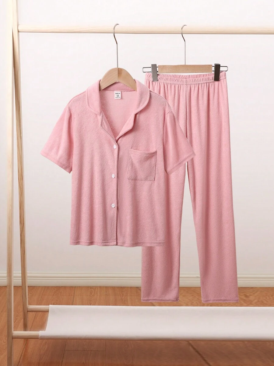 Ensemble de vêtements de nuit en jersey éponge ignifuge pour jeune fille, chemise à manches courtes et pantalon - Rose bonbon - Voir 1