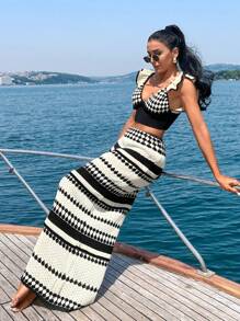 Women Beach Cover Up Top And Skirt Set Cruise Outfits, For Summer Vacation - Black and White - View 3