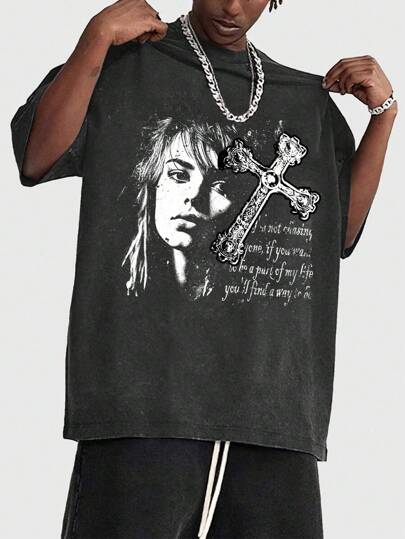 Grunge Punk Men's Silhouette Blurry Portrait Print Washed Summer T-Shirt, Vintage