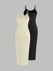 SHEIN Unity 2 chiếc váy midi đơn giản mùa hè màu trơn maxi cho nữ trang phục váy bó sát váy midi váy trắng và đen anewsta Women>Váy midi cho nữváy>Váy midi cho nữ - Nhiều màu - Xem 2