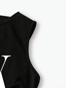 EMERY ROSE Casual Minimalist Black & White Text Graphic Regular Sleeveless Thick Strap Women Tank Top - Black - View 3