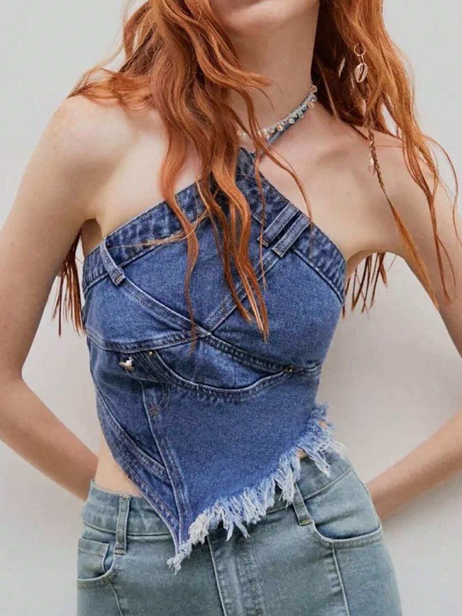 Casual Frayed Edge Halter Neck Denim Top - Dark Wash - View 1