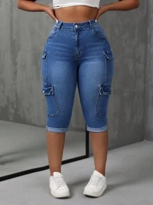 SHEIN SXY Pantalones capri de mezclilla con estiramiento de talla grande, versátiles