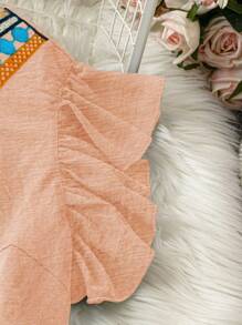 SHEIN LUNE Blusa de verano Plus con cinta geométrica de contraste y ribete de volantes - Albaricoque - Ver 3