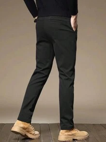 Manfinity Homme 男款實色直筒褲，附口袋，適合日常通勤和休閒穿著 - 黑色 - 查看 2